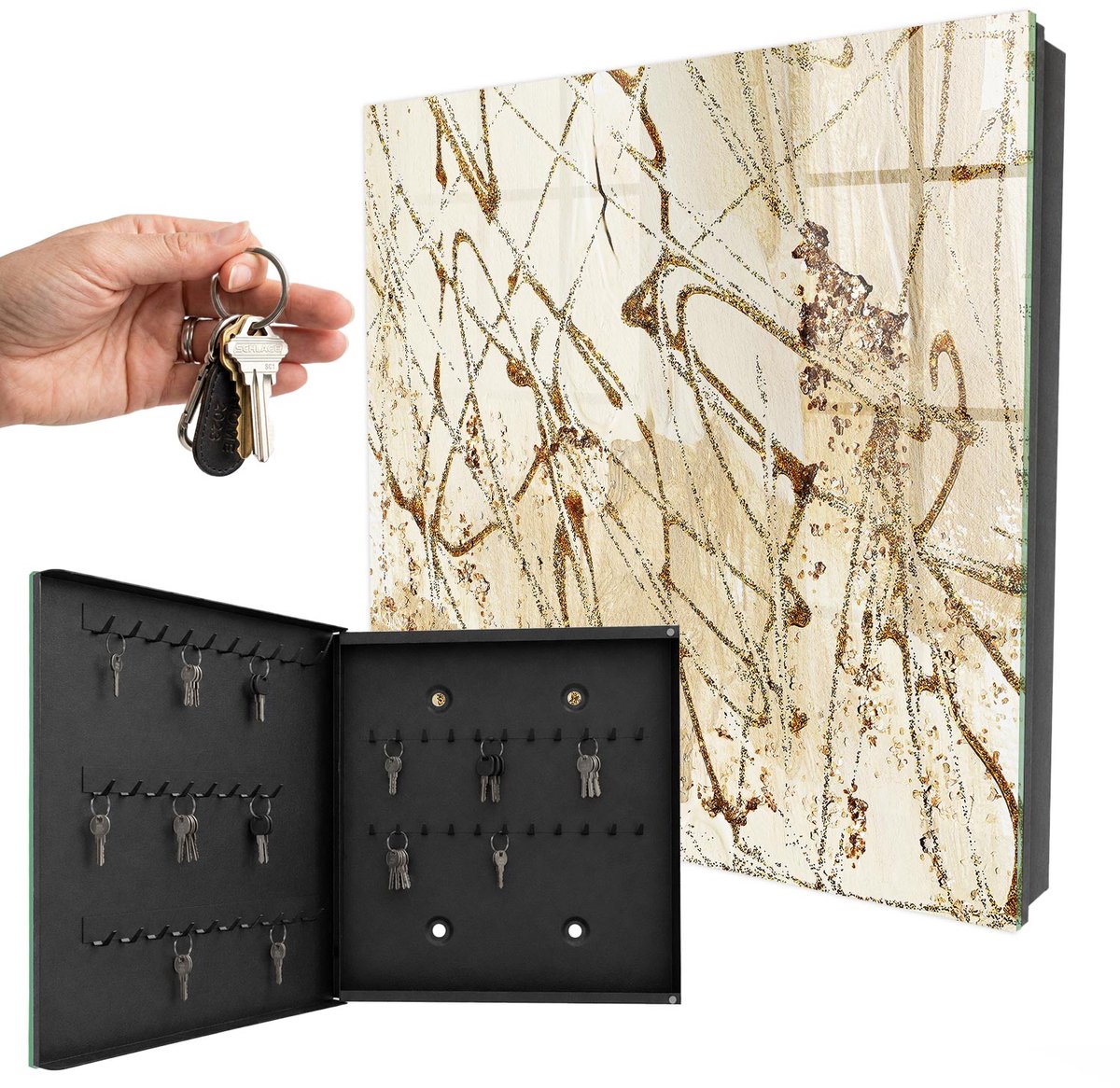 WallMuralia - Sleutelkast - 30x30x5 cm - met 50 haken - Abstracte Compositie Sleutelkastje Huis - Beige Sleutelbox - Linksopenend - Zwart interieur