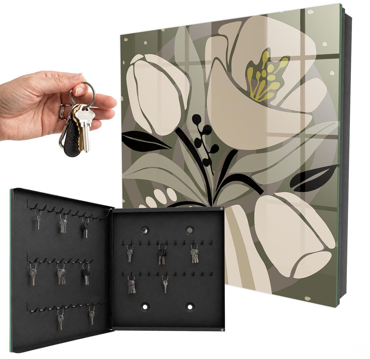 WallMuralia - Sleutelkast - 30x30x5 cm - met 50 haken - Beige Bloemen Sleutelkastje Modern - Beige Sleutelbox - Linksopenend - Zwart interieur