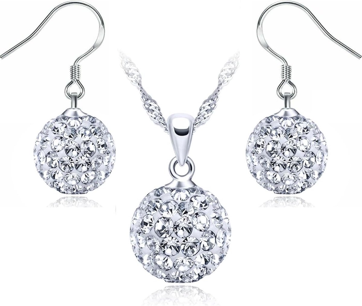 Azuria Kristallen Discobal Witte Set Hanger Ketting 45 cm Oorbellen 18 kt Witgoud Verguld voor Vrouwen