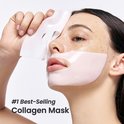 Model met een wit sheetmasker dat op het gezicht wordt aangebracht. Tekst: "#1 Best-Selling Collagen Mask".