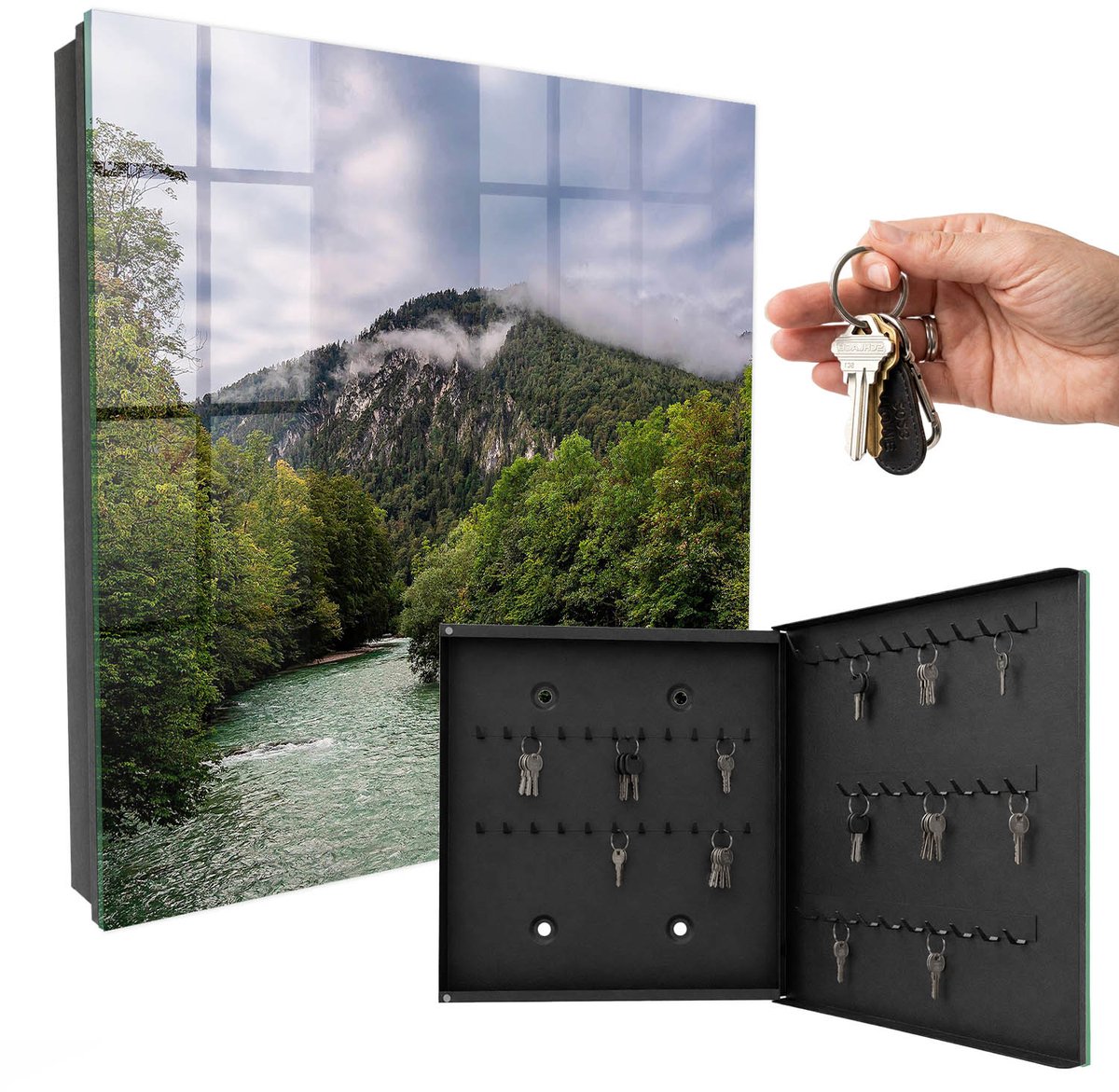WallMuralia - Sleutelkast - 30x30x5 cm - met 50 haken - Berglandschap Sleutelkastje Huis - Groente Sleutelbox - Rechtsopenend - Zwart interieur