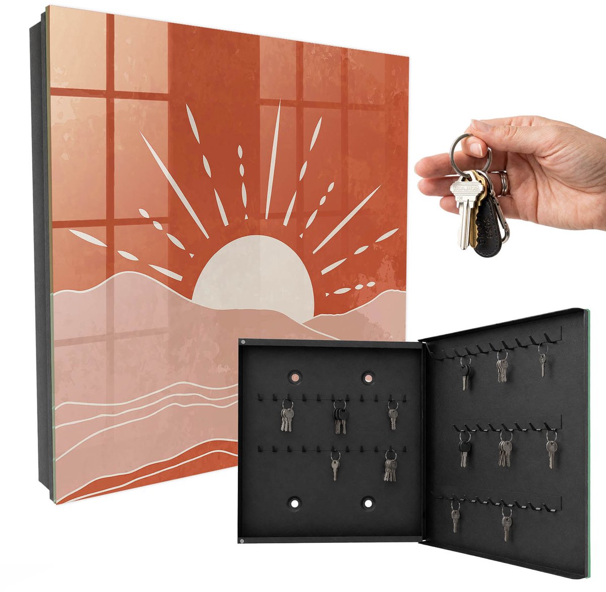 WallMuralia - Sleutelkast - 30x30x5 cm - met 50 haken - Oranje Dageraad Sleutelkastje Modern - Oranje Sleutelbox - Rechtsopenend - Zwart interieur