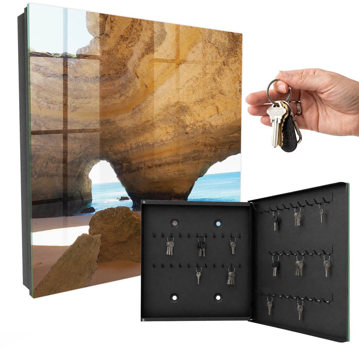 WallMuralia - Sleutelkast - 30x30x5 cm - met 50 haken - Zeegrot Sleutelkastje Landelijk - Beige Sleutelbox - Rechtsopenend - Zwart interieur