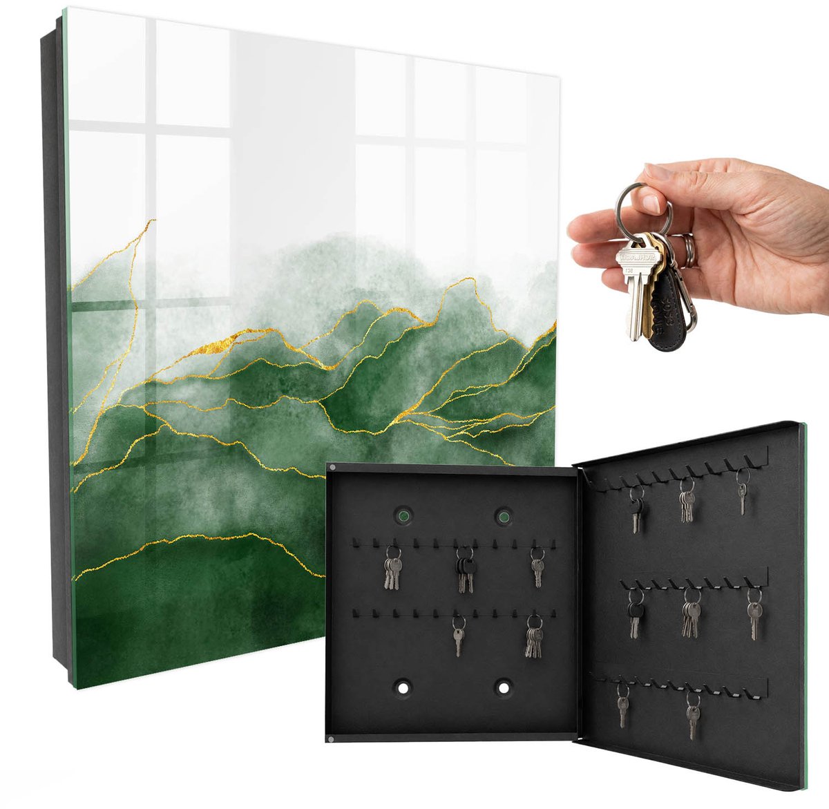 WallMuralia - Sleutelkast - 30x30x5 cm - met 50 haken - Groene Heuvels Sleutelkastje - Groente Sleutelbox - Rechtsopenend - Zwart interieur