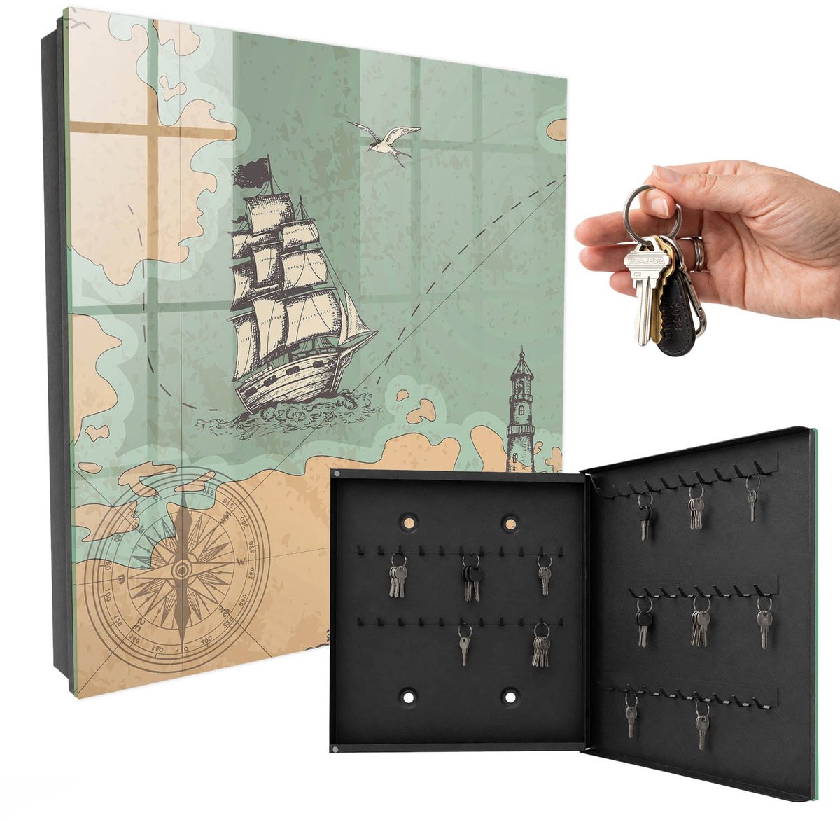 WallMuralia - Sleutelkast - 30x30x5 cm - met 50 haken - Zeeavontuur Sleutelkastje Modern - Beige Sleutelbox - Rechtsopenend - Zwart interieur