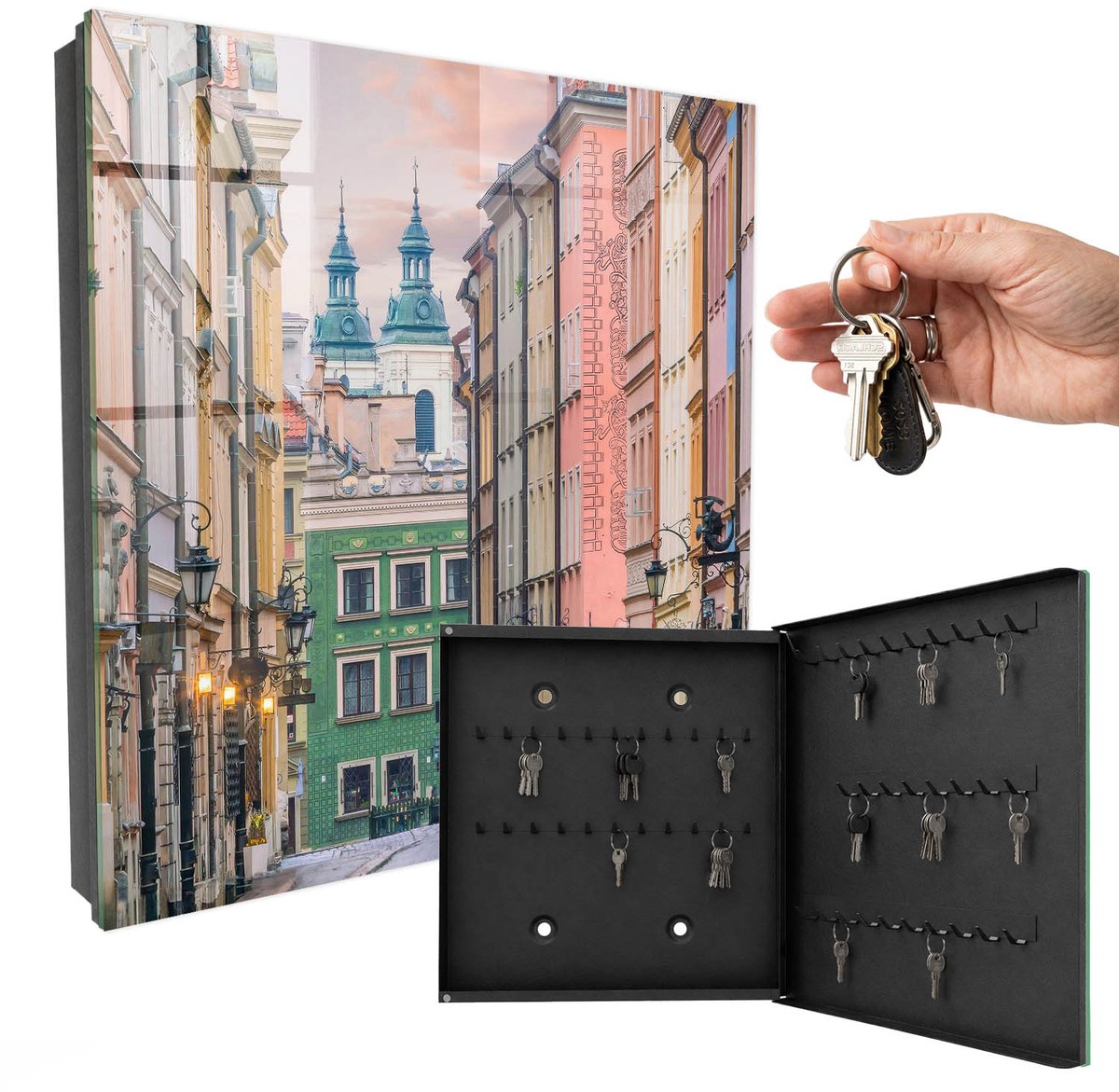 WallMuralia - Sleutelkast - 30x30x5 cm - met 50 haken - Kleurrijke Huurkazernes Sleutelkastje Klein - Roze Sleutelbox - Rechtsopenend - Zwart interieur