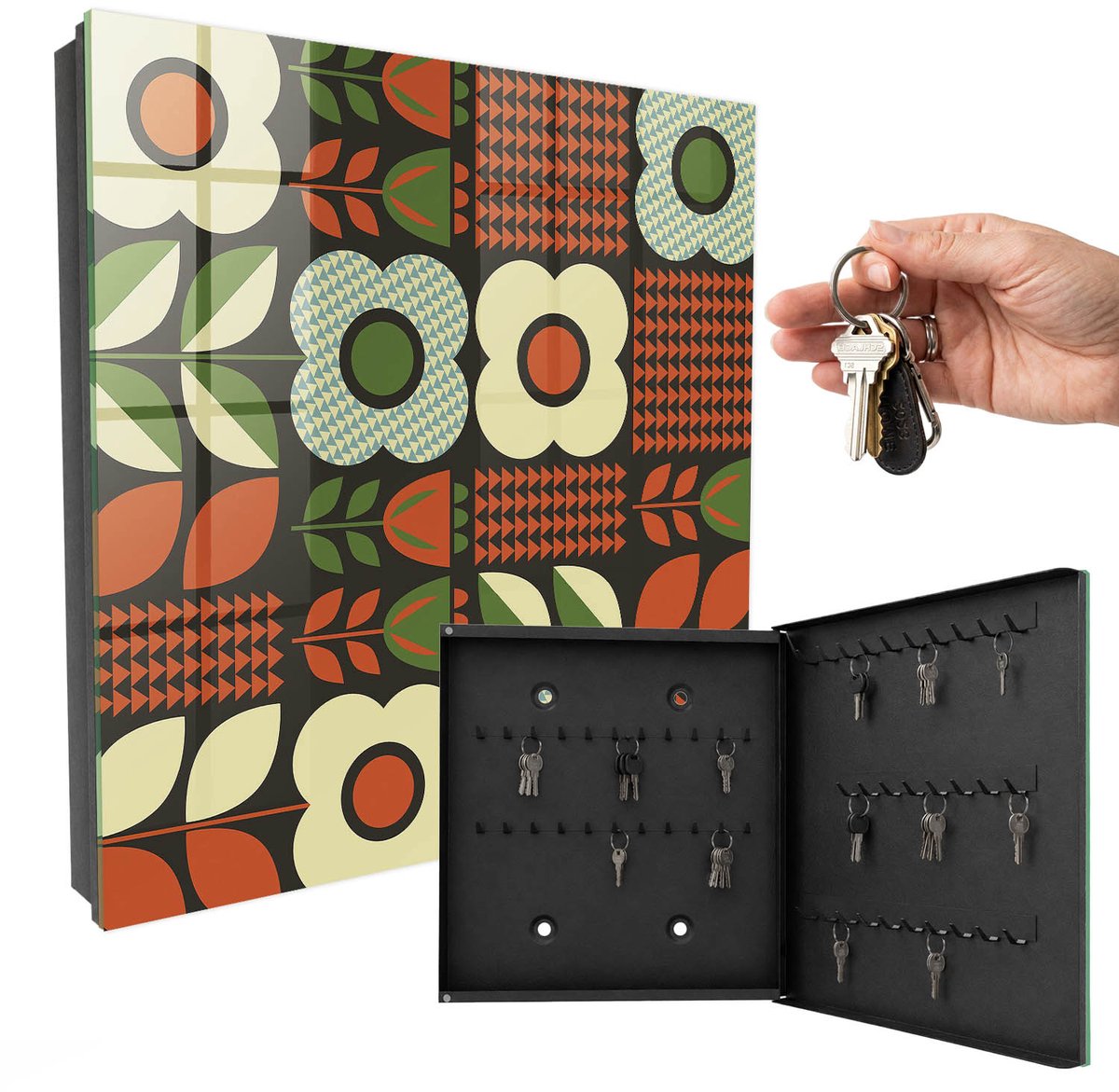 WallMuralia - Sleutelkast - 30x30x5 cm - met 50 haken - Vrolijke Bloemen Sleutelkastje Klein - Rood Sleutelbox - Rechtsopenend - Zwart interieur