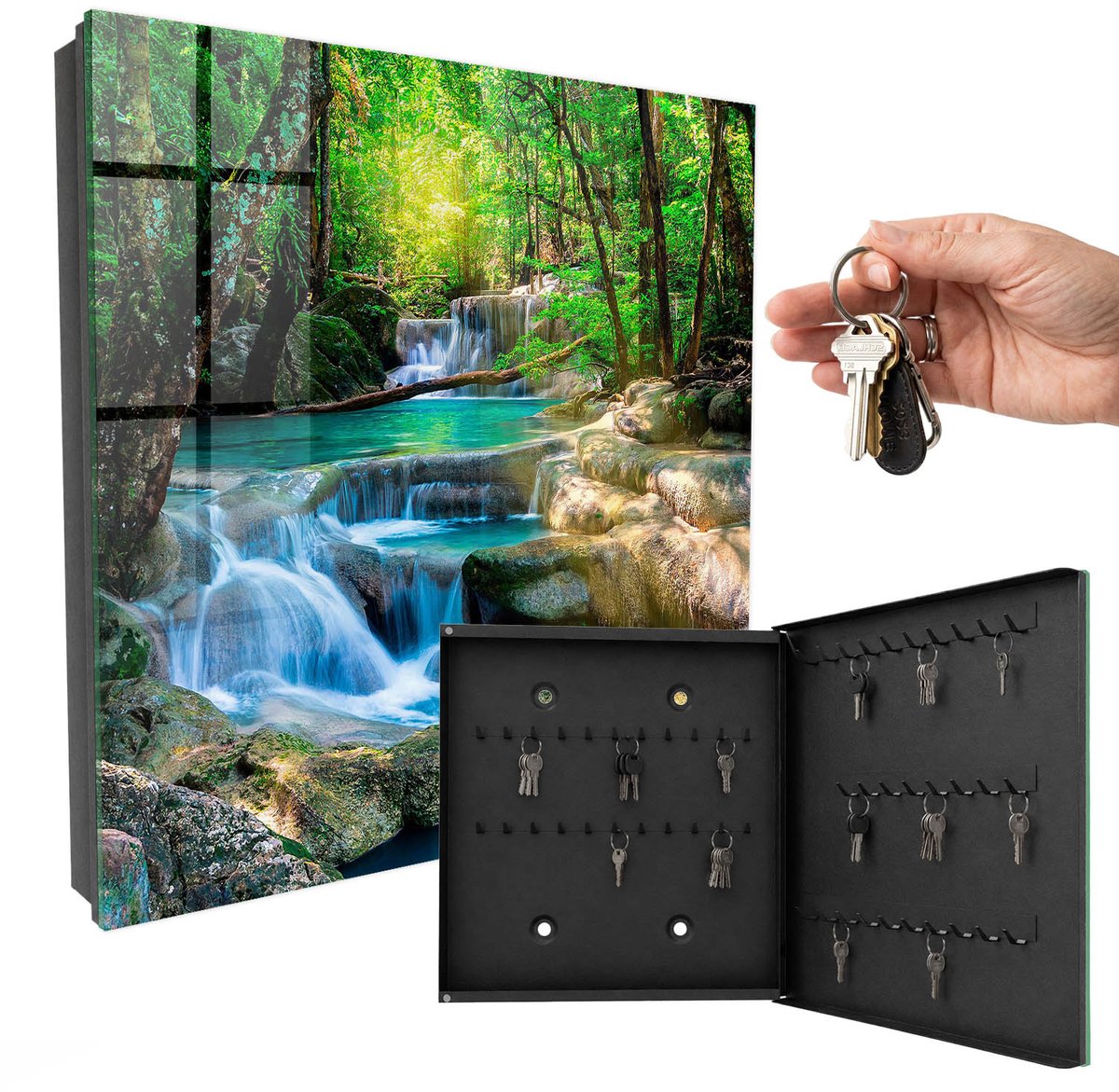 WallMuralia - Sleutelkast - 30x30x5 cm - met 50 haken - Paradijselijke Oase Design Sleutelkastje - Groente Sleutelbox - Rechtsopenend - Zwart interieur