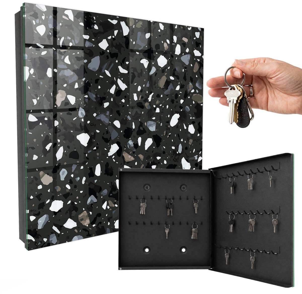 WallMuralia - Sleutelkast - 30x30x5 cm - met 50 haken - Stijlvol Mozaïek Sleutelkastje Gang - Zwart Sleutelbox - Rechtsopenend - Zwart interieur