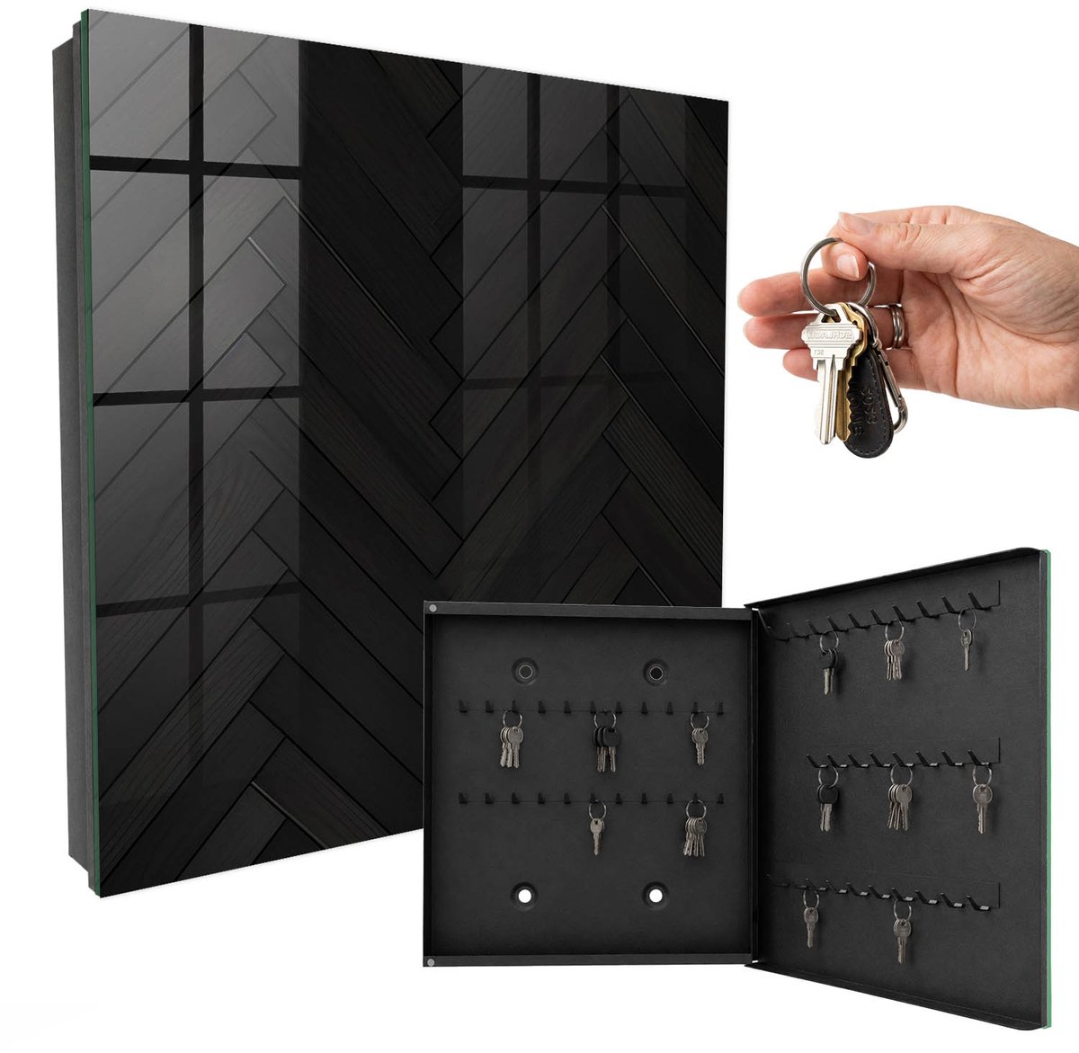WallMuralia - Sleutelkast - 30x30x5 cm - met 50 haken - Donkere Elegantie Sleutelkastje Klein - Zwart Sleutelbox - Rechtsopenend - Zwart interieur