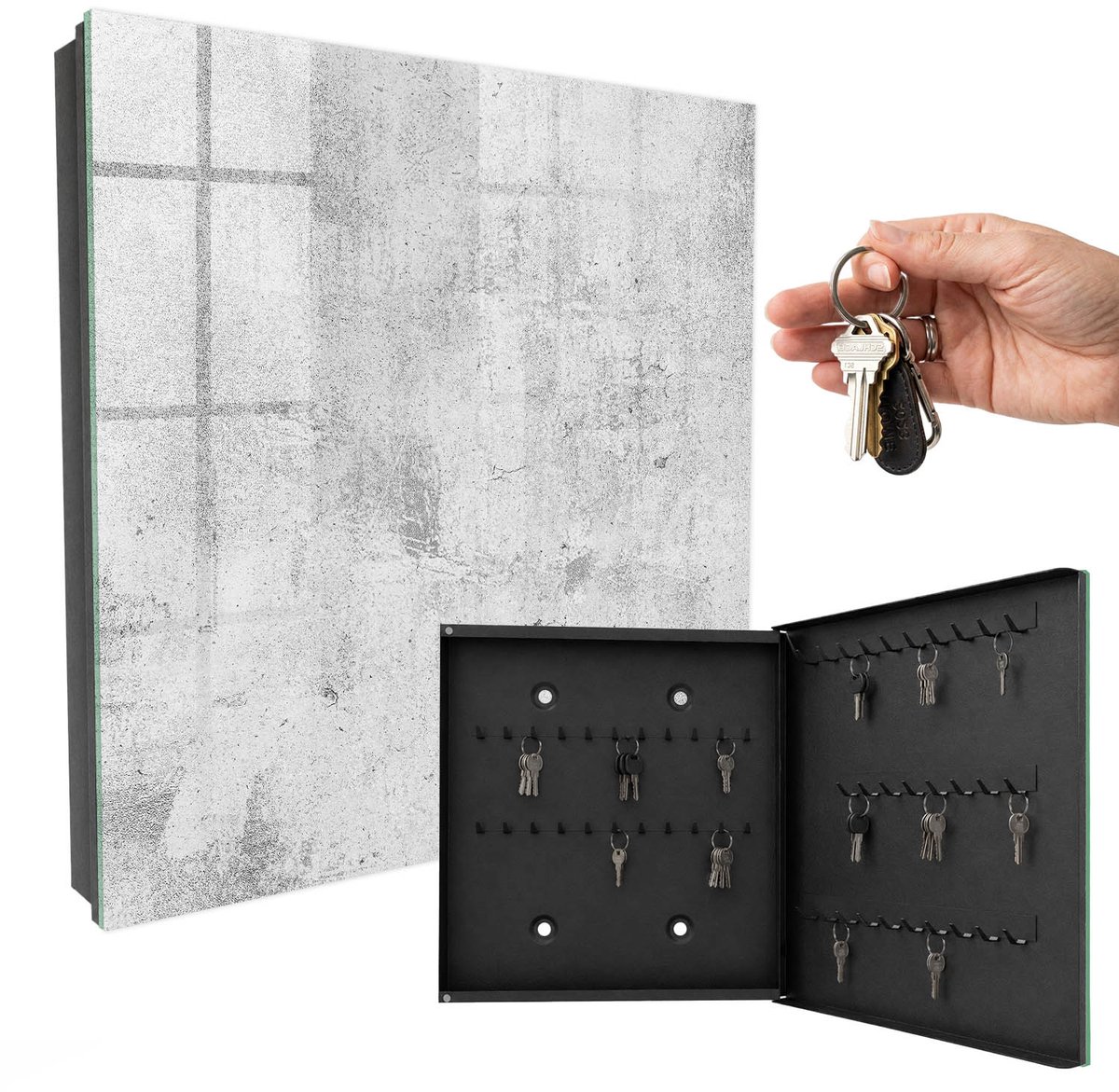 WallMuralia - Sleutelkast - 30x30x5 cm - met 50 haken - Rauwe Elegantie Sleutelkastje Muur - Grijs Sleutelbox - Rechtsopenend - Zwart interieur