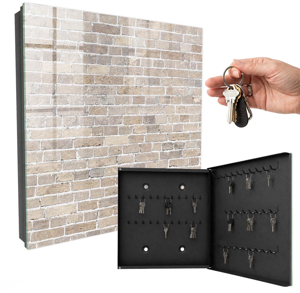 WallMuralia - Sleutelkast - 30x30x5 cm - met 50 haken - Baksteencompositie Sleutelkastje Binnen - Beige Sleutelbox - Rechtsopenend - Zwart interieur