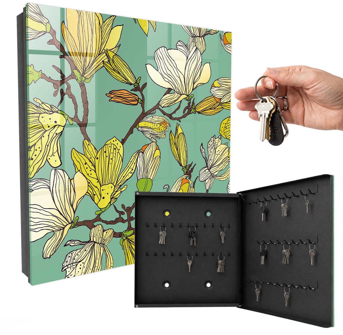 WallMuralia - Sleutelkast - 30x30x5 cm - met 50 haken - Levende Natuur Sleutelkastje Modern - Groente Sleutelbox - Rechtsopenend - Zwart interieur