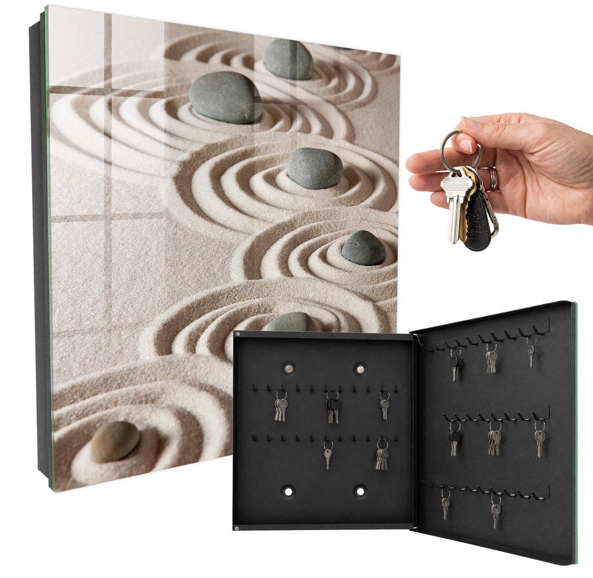WallMuralia - Sleutelkast - 30x30x5 cm - met 50 haken - Zen-Vrede Sleutelkastje Landelijk - Beige Sleutelbox - Rechtsopenend - Zwart interieur