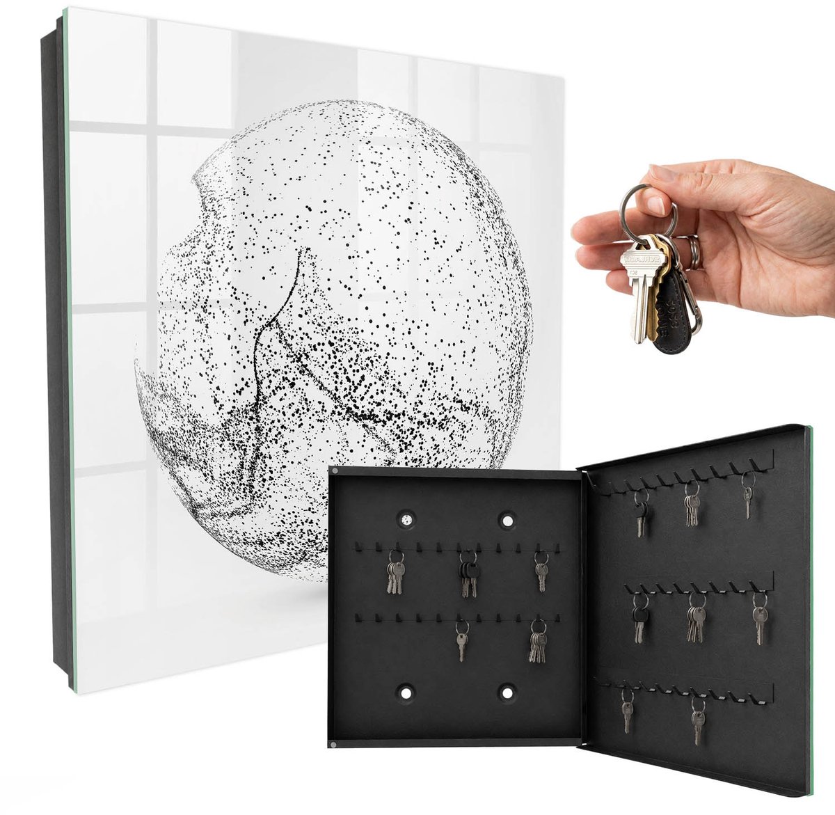 WallMuralia - Sleutelkast - 30x30x5 cm - met 50 haken - Abstracte Ruimte Sleutelkastje Design - Grijs Sleutelbox - Rechtsopenend - Zwart interieur