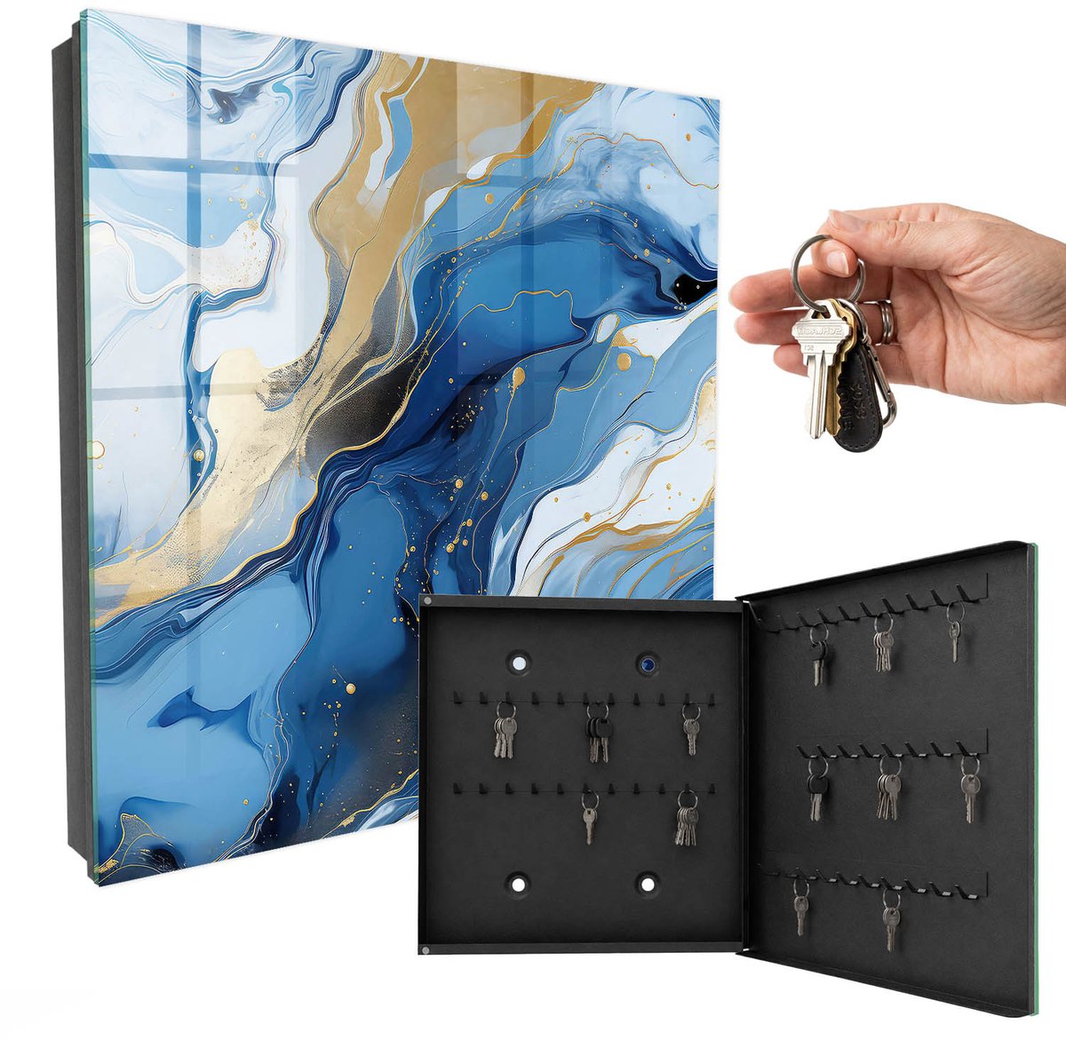 WallMuralia - Sleutelkast - 30x30x5 cm - met 50 haken - Kleurrijke Werveling Sleutelkastje Klein - Blauw Sleutelbox - Rechtsopenend - Zwart interieur