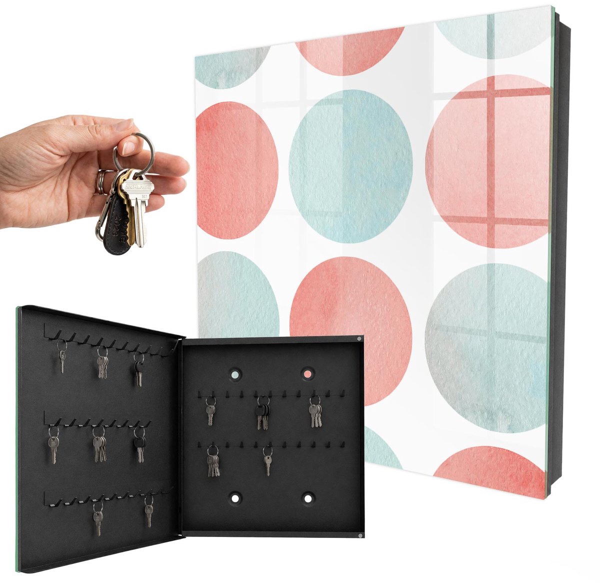 WallMuralia - Sleutelkast - 30x30x5 cm - met 50 haken - Pastelkleurige Cirkels Sleutelkastje - Wit Sleutelbox - Linksopenend - Zwart interieur