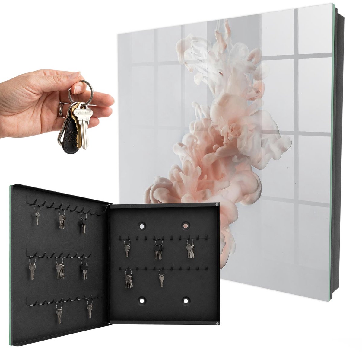 WallMuralia - Sleutelkast - 30x30x5 cm - met 50 haken - Vloeibare Elegantie Sleutelkastje - Wit Sleutelbox - Linksopenend - Zwart interieur