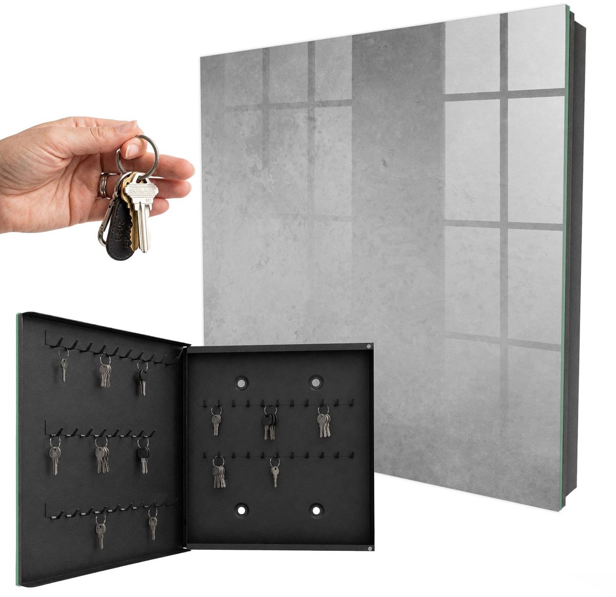 WallMuralia - Sleutelkast - 30x30x5 cm - met 50 haken - Grijze Abstractie Sleutelkastje Gang - Grijs Sleutelbox - Linksopenend - Zwart interieur