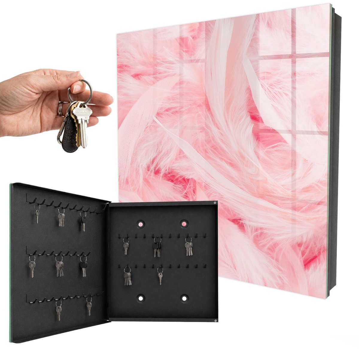 WallMuralia - Sleutelkast - 30x30x5 cm - met 50 haken - Roze Veren Sleutelkastje Gang - Roze Sleutelbox - Linksopenend - Zwart interieur