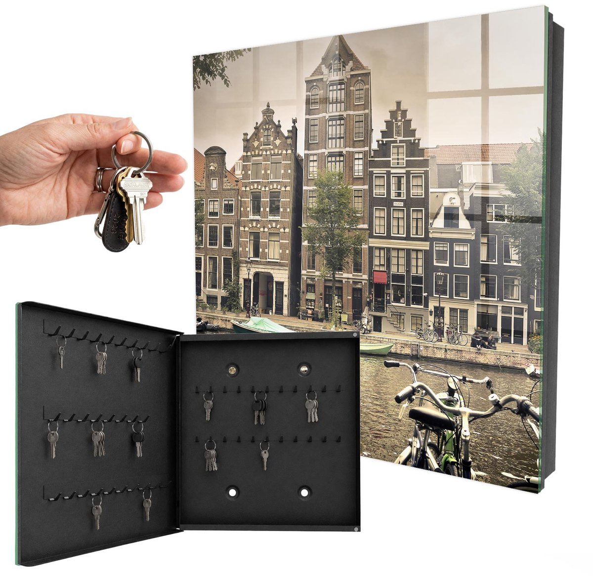 WallMuralia - Sleutelkast - 30x30x5 cm - met 50 haken - Stedelijke Vrede Sleutelkastje Binnen - Bruin Sleutelbox - Linksopenend - Zwart interieur