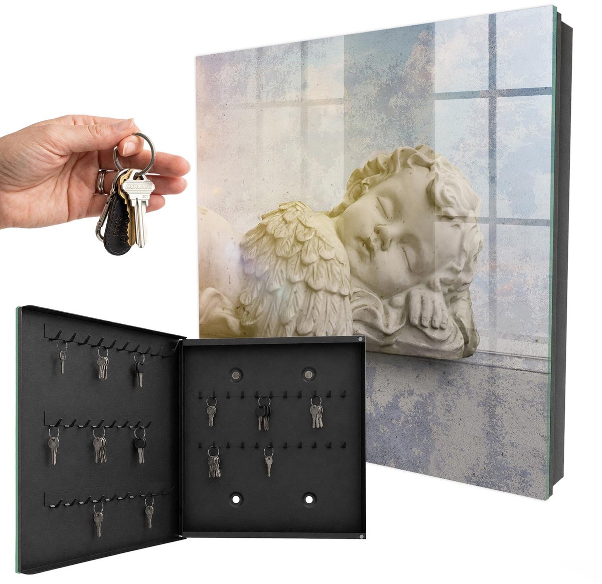 WallMuralia - Sleutelkast - 30x30x5 cm - met 50 haken - Slapende Engel Design Sleutelkastje - Beige Sleutelbox - Linksopenend - Zwart interieur