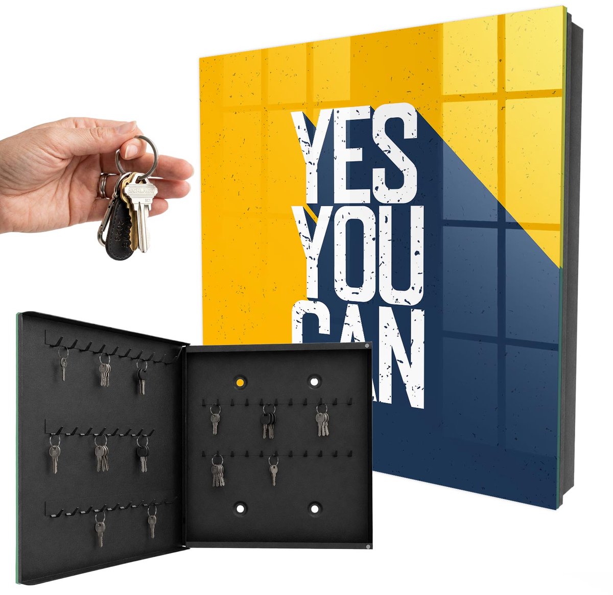 WallMuralia - Sleutelkast - 30x30x5 cm - met 50 haken - Ja, Dat Kan. Sleutelkastje Gang - Geel Sleutelbox - Linksopenend - Zwart interieur