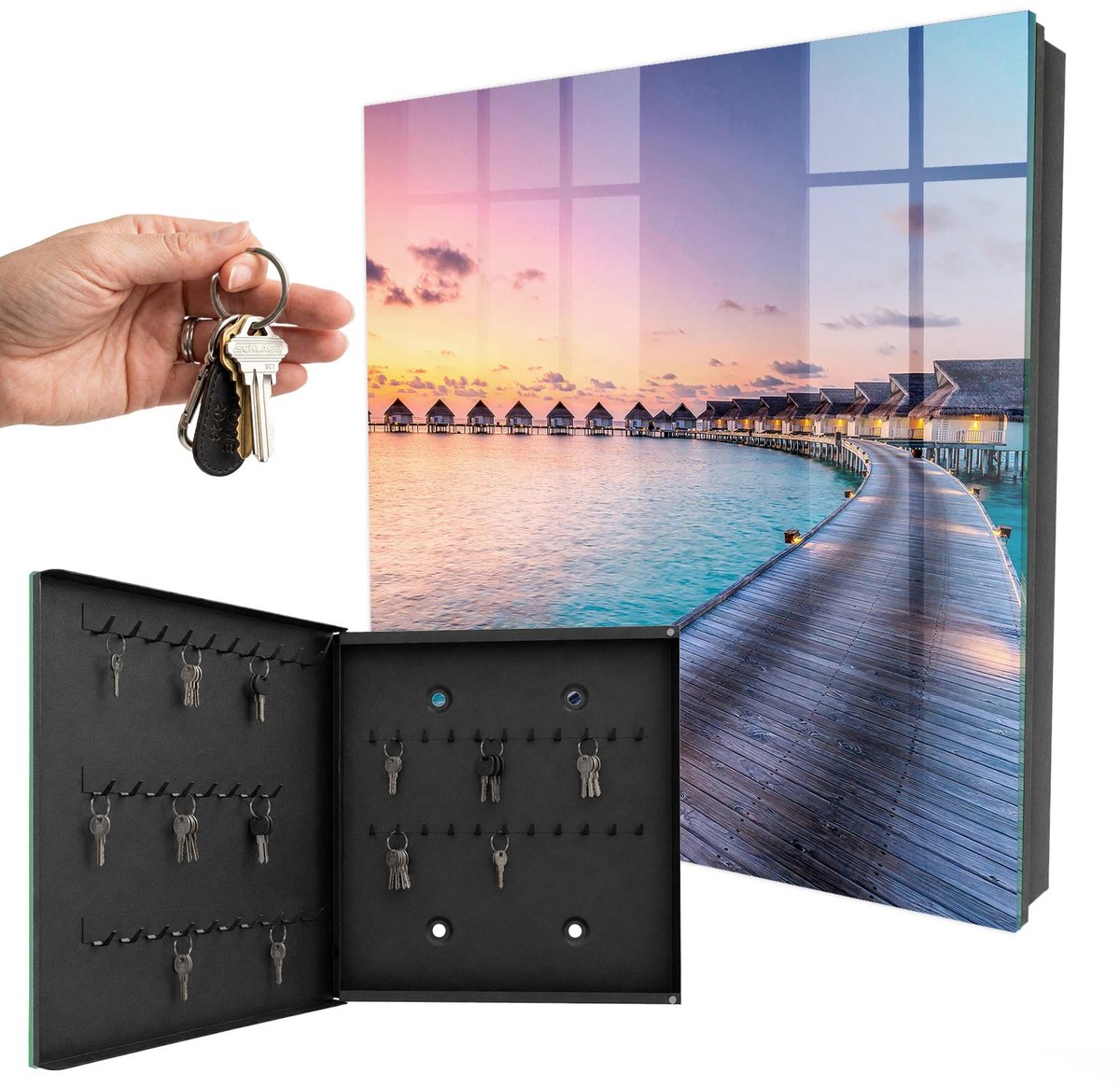 WallMuralia - Sleutelkast - 30x30x5 cm - met 50 haken - Vredige Zonsondergang Groot Sleutelkastje - Blauw Sleutelbox - Linksopenend - Zwart interieur