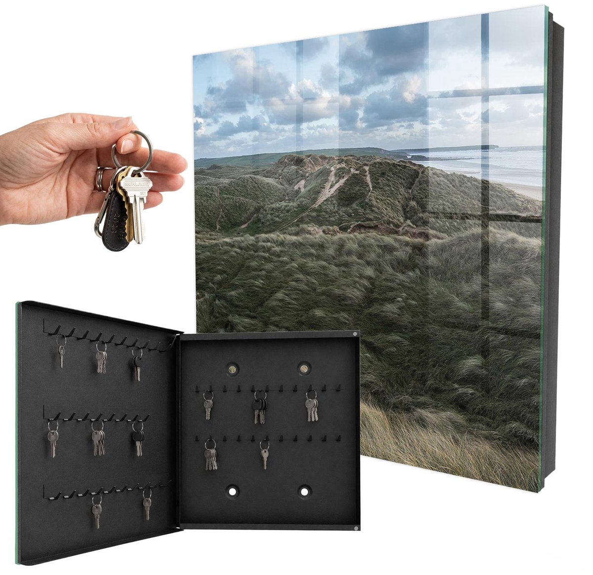 WallMuralia - Sleutelkast - 30x30x5 cm - met 50 haken - Groene Heuvels Sleutelkastje Hal - Groente Sleutelbox - Linksopenend - Zwart interieur