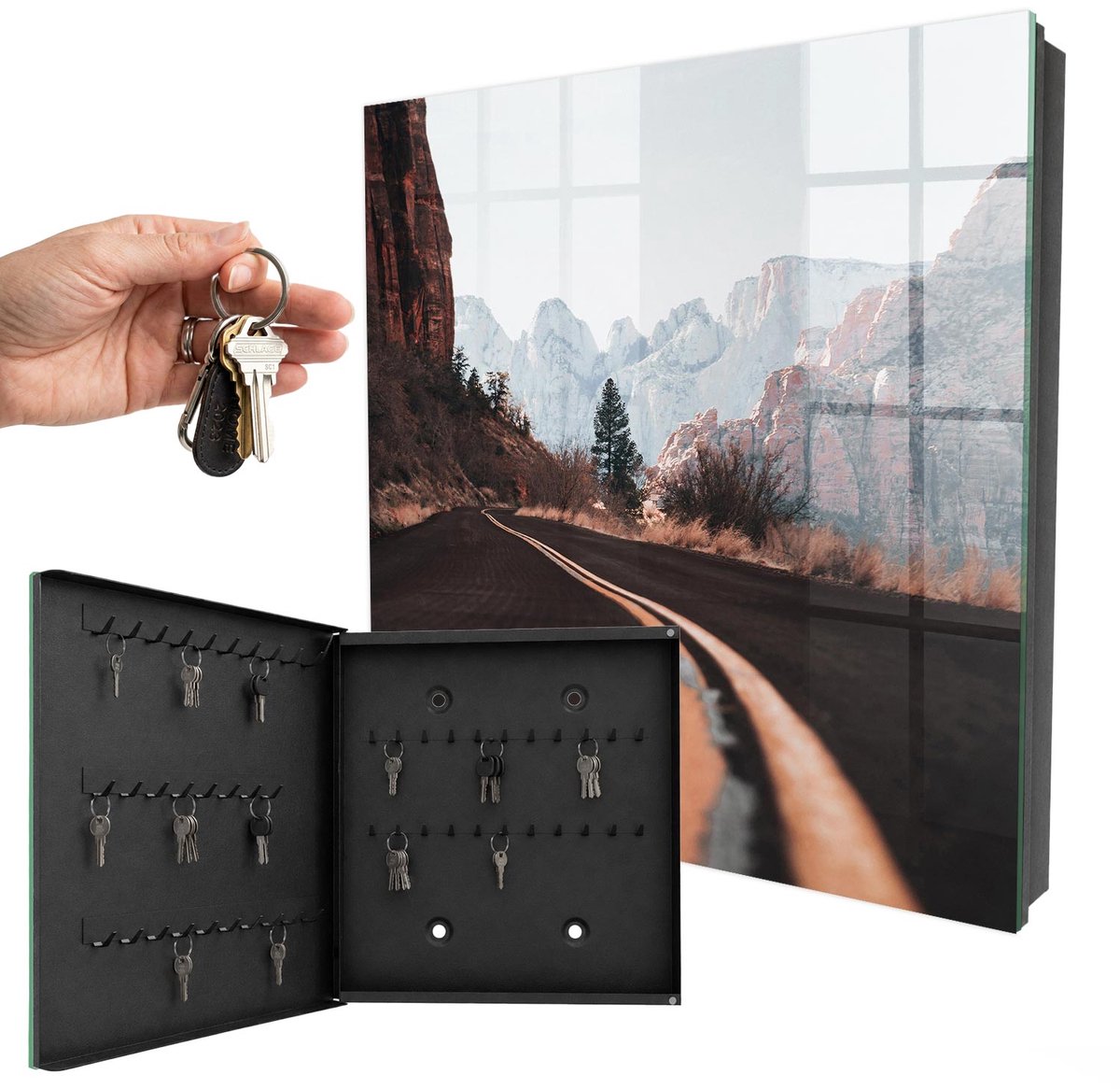 WallMuralia - Sleutelkast - 30x30x5 cm - met 50 haken - Weg In De Bergen Sleutelkastje Huis - Bruin Sleutelbox - Linksopenend - Zwart interieur