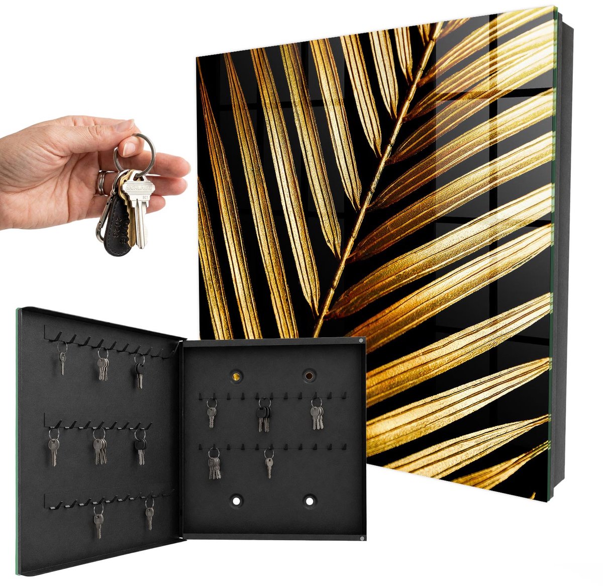 WallMuralia - Sleutelkast - 30x30x5 cm - met 50 haken - Elegant Blad Sleutelkastje - Zwart Sleutelbox - Linksopenend - Zwart interieur