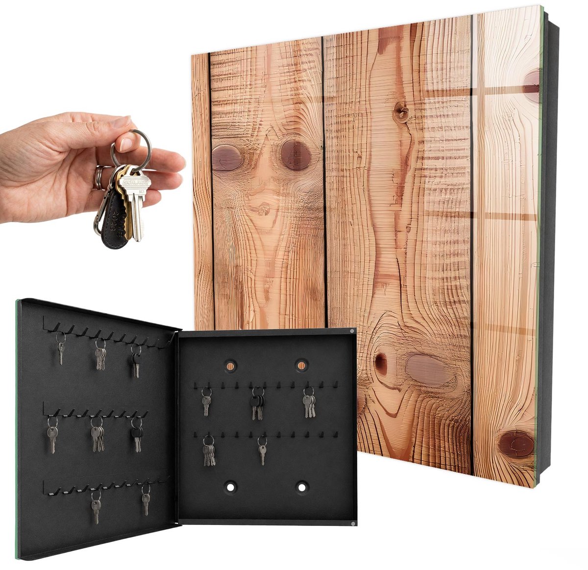 WallMuralia - Sleutelkast - 30x30x5 cm - met 50 haken - Houten Ringen Sleutelkastje Klein - Bruin Sleutelbox - Linksopenend - Zwart interieur