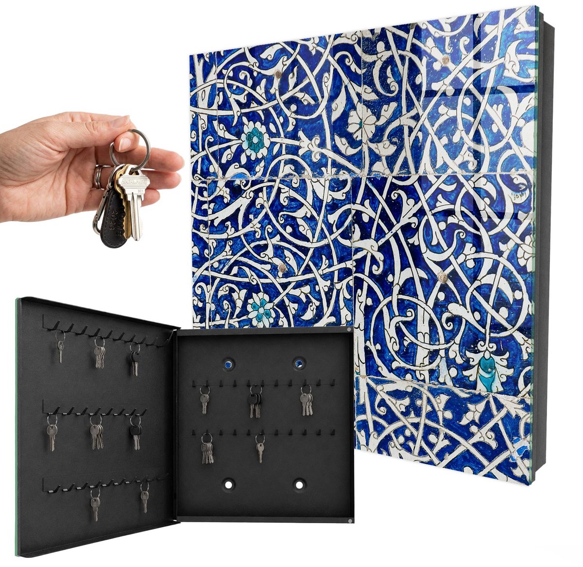 WallMuralia - Sleutelkast - 30x30x5 cm - met 50 haken - Blauwe Arabesk Sleutelkastje - Blauw Sleutelbox - Linksopenend - Zwart interieur