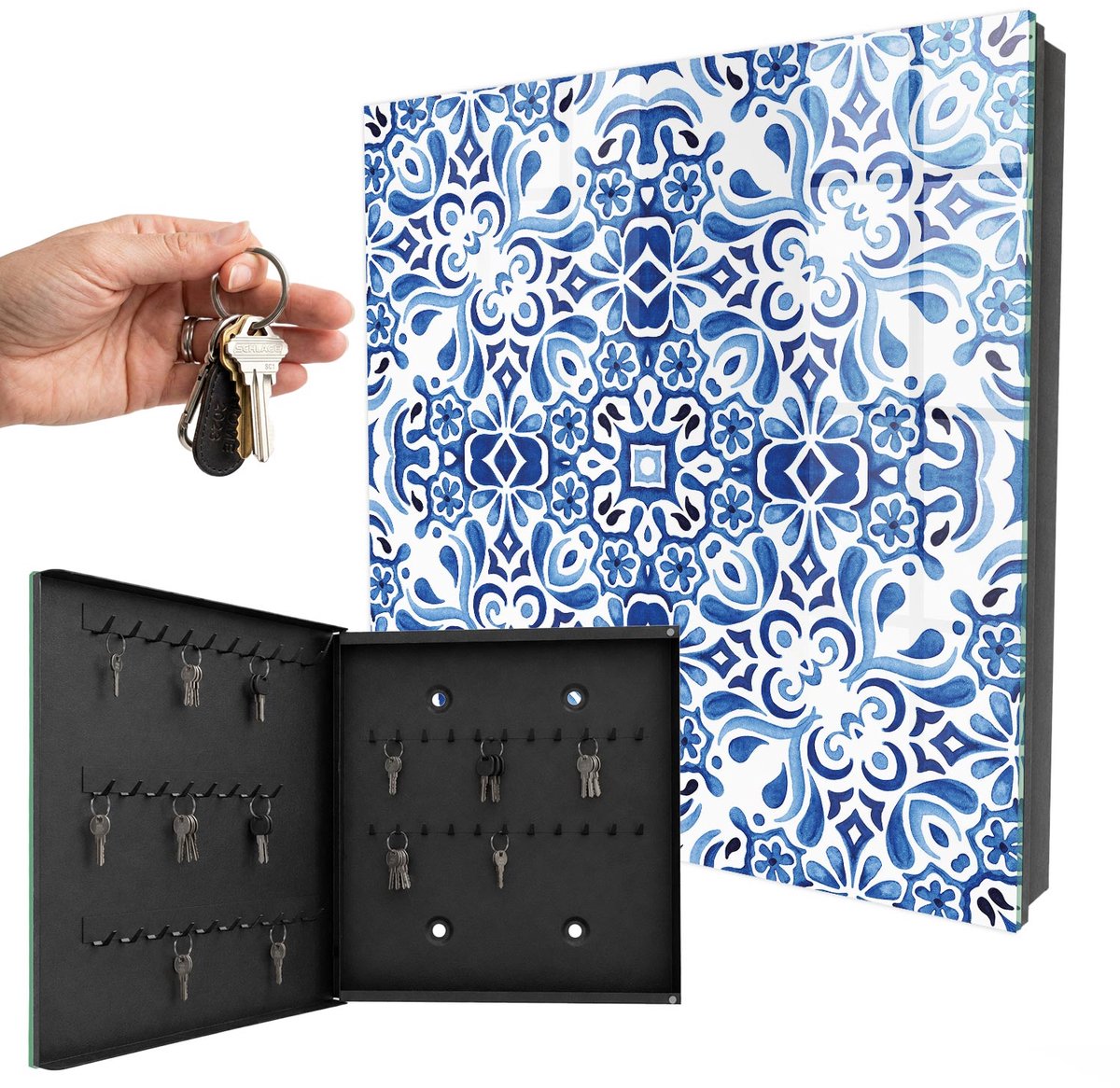 WallMuralia - Sleutelkast - 30x30x5 cm - met 50 haken - Tegelornamenten Sleutelkastje Design - Blauw Sleutelbox - Linksopenend - Zwart interieur