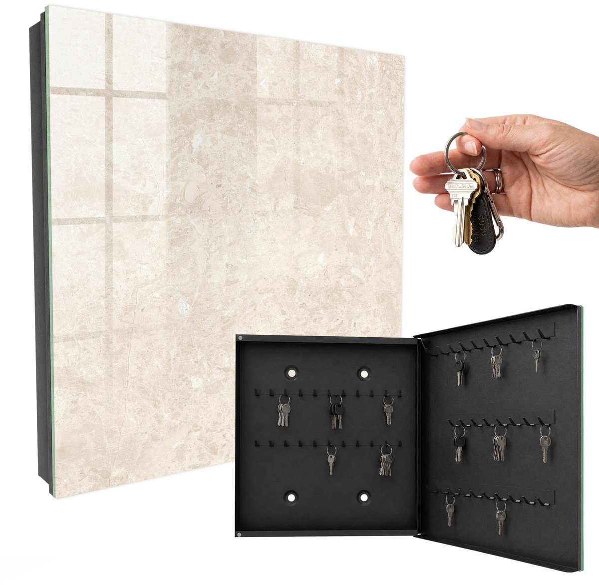 WallMuralia - Sleutelkast - 30x30x5 cm - met 50 haken - Romige Elegantie Sleutelkastje Klein - Romig Sleutelbox - Rechtsopenend - Zwart interieur