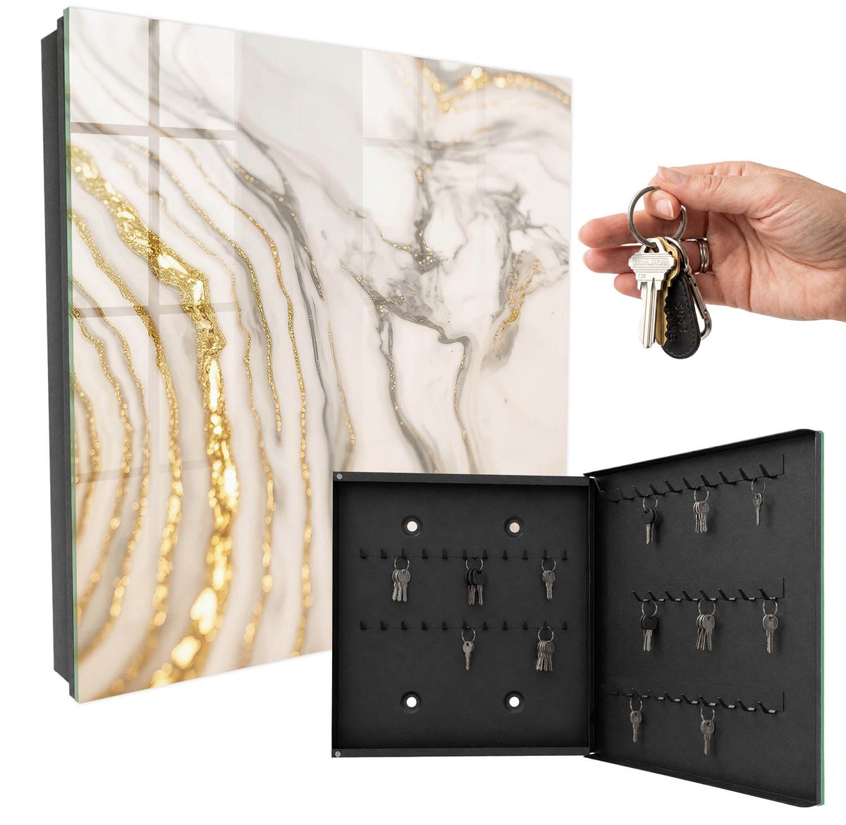 WallMuralia - Sleutelkast - 30x30x5 cm - met 50 haken - Marmeraders Sleutelkastje Design - Wit Sleutelbox - Rechtsopenend - Zwart interieur