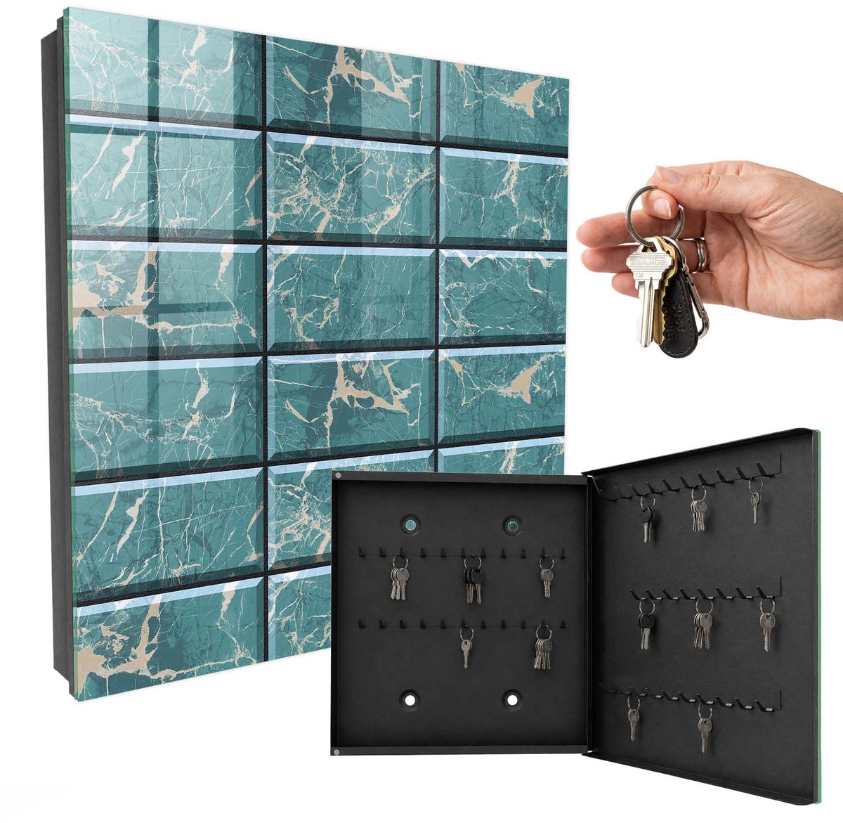 WallMuralia - Sleutelkast - 30x30x5 cm - met 50 haken - Turkoois Marmer Sleutelkastje Voor Binnen - Turkoois Sleutelbox - Rechtsopenend - Zwart interieur