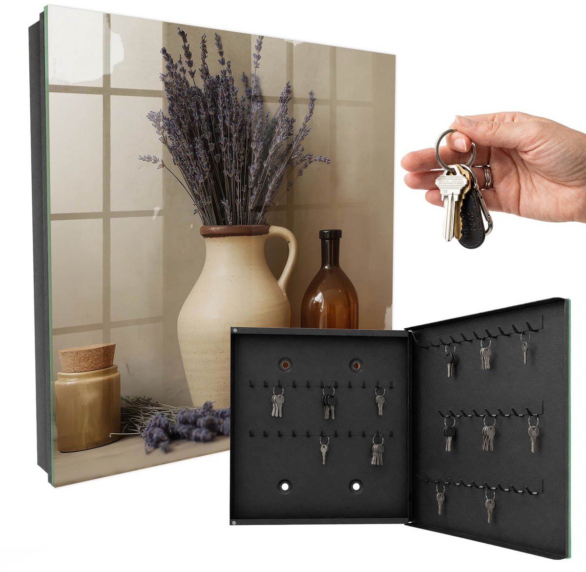 WallMuralia - Sleutelkast - 30x30x5 cm - met 50 haken - Lavendelvaas Sleutelkastje - Beige Sleutelbox - Rechtsopenend - Zwart interieur