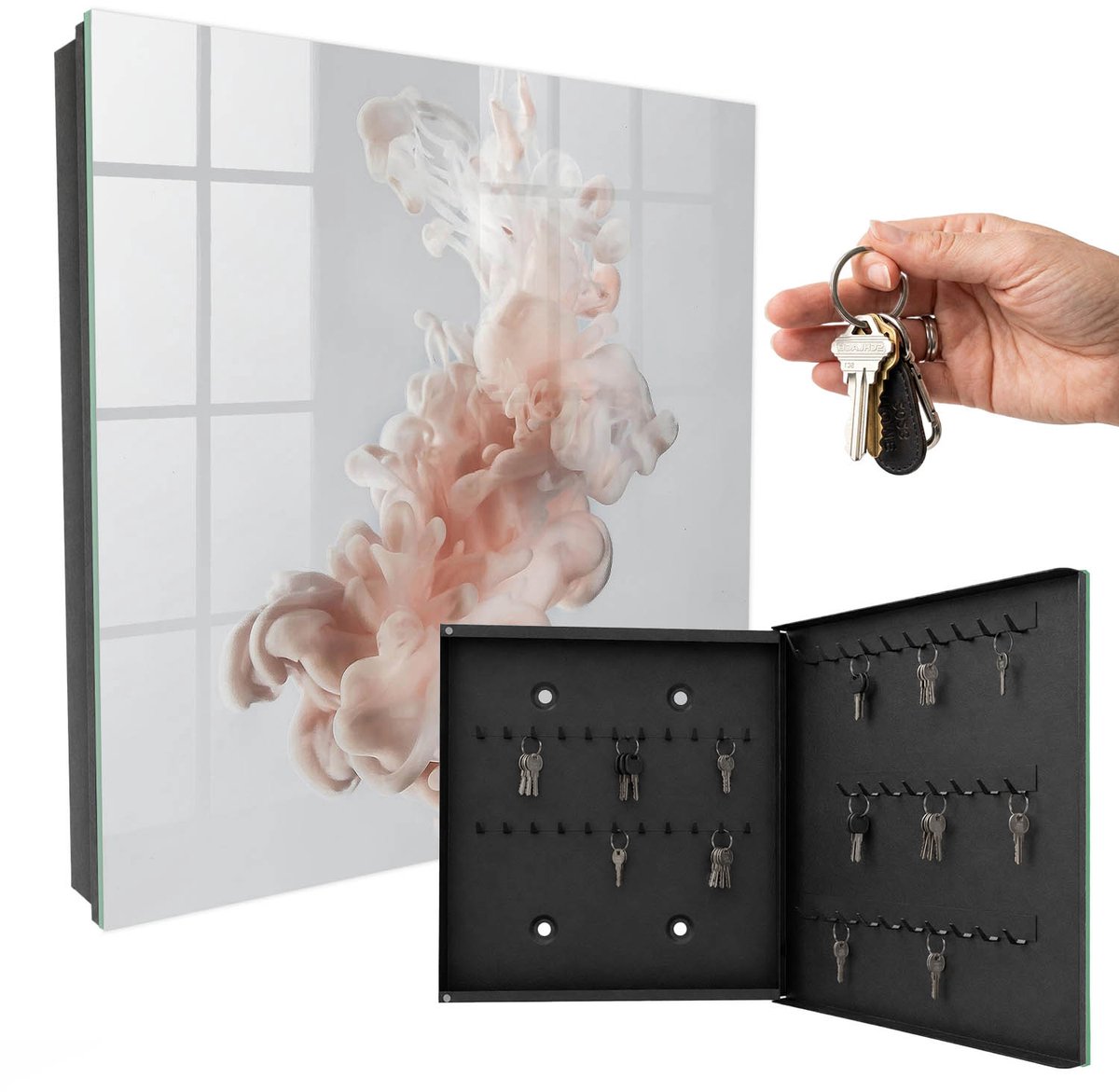 WallMuralia - Sleutelkast - 30x30x5 cm - met 50 haken - Vloeibare Elegantie Sleutelkastje Klein - Wit Sleutelbox - Rechtsopenend - Zwart interieur
