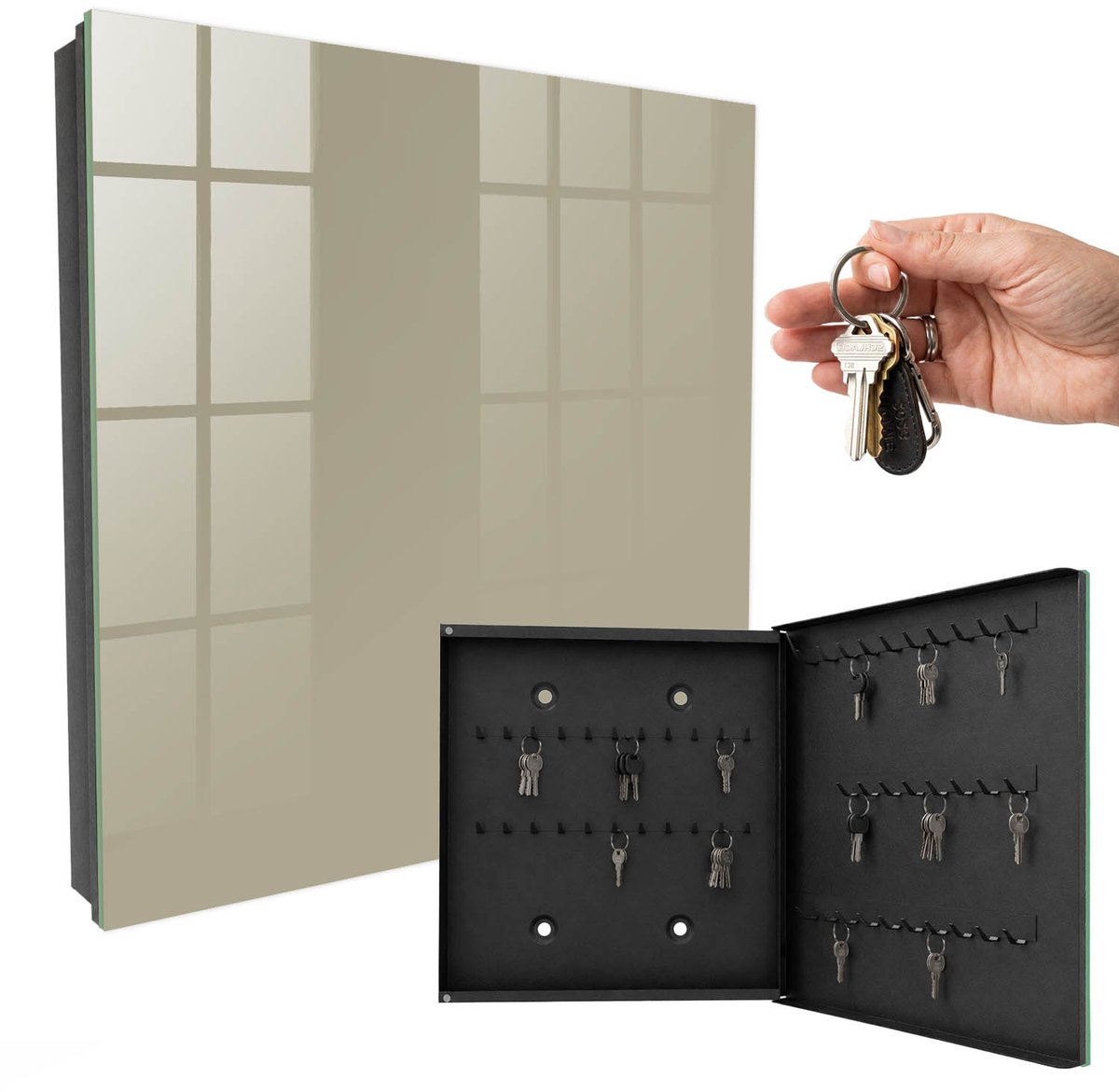 WallMuralia - Sleutelkast - 30x30x5 cm - met 50 haken - Donkere Crème Groot Sleutelkastje - Romig Sleutelbox - Rechtsopenend - Zwart interieur