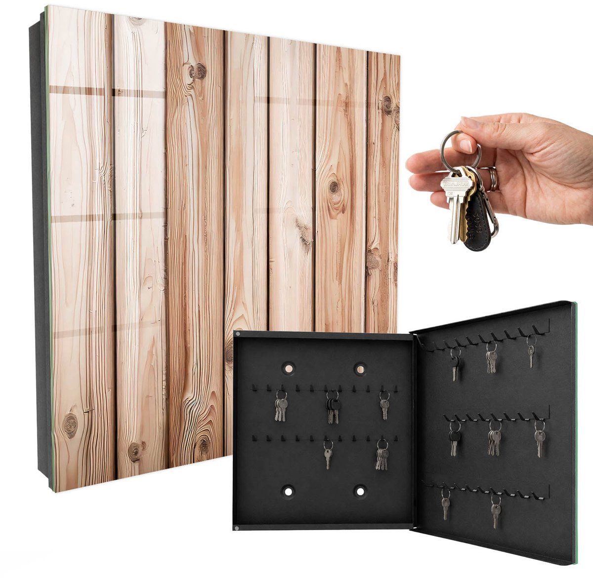 WallMuralia - Sleutelkast - 30x30x5 cm - met 50 haken - Houten Planken Groot Sleutelkastje - Beige Sleutelbox - Rechtsopenend - Zwart interieur