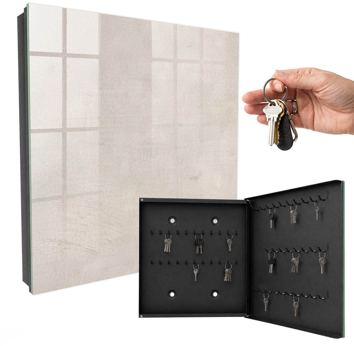 WallMuralia - Sleutelkast - 30x30x5 cm - met 50 haken - Betonstructuur Sleutelkastje Binnen - Beige Sleutelbox - Rechtsopenend - Zwart interieur