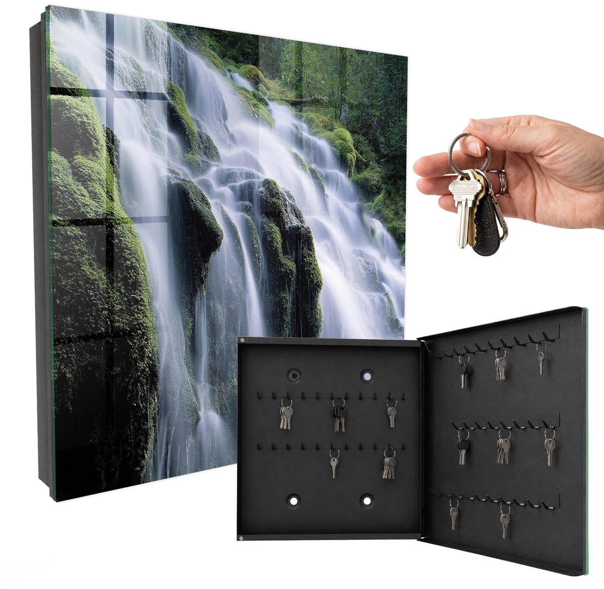 WallMuralia - Sleutelkast - 30x30x5 cm - met 50 haken - Groene Waterval Sleutelkastje Gang - Groente Sleutelbox - Rechtsopenend - Zwart interieur
