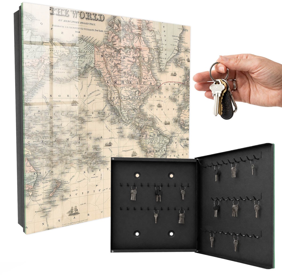 WallMuralia - Sleutelkast - 30x30x5 cm - met 50 haken - Wereldkaart Sleutelkastje Gang - Beige Sleutelbox - Rechtsopenend - Zwart interieur