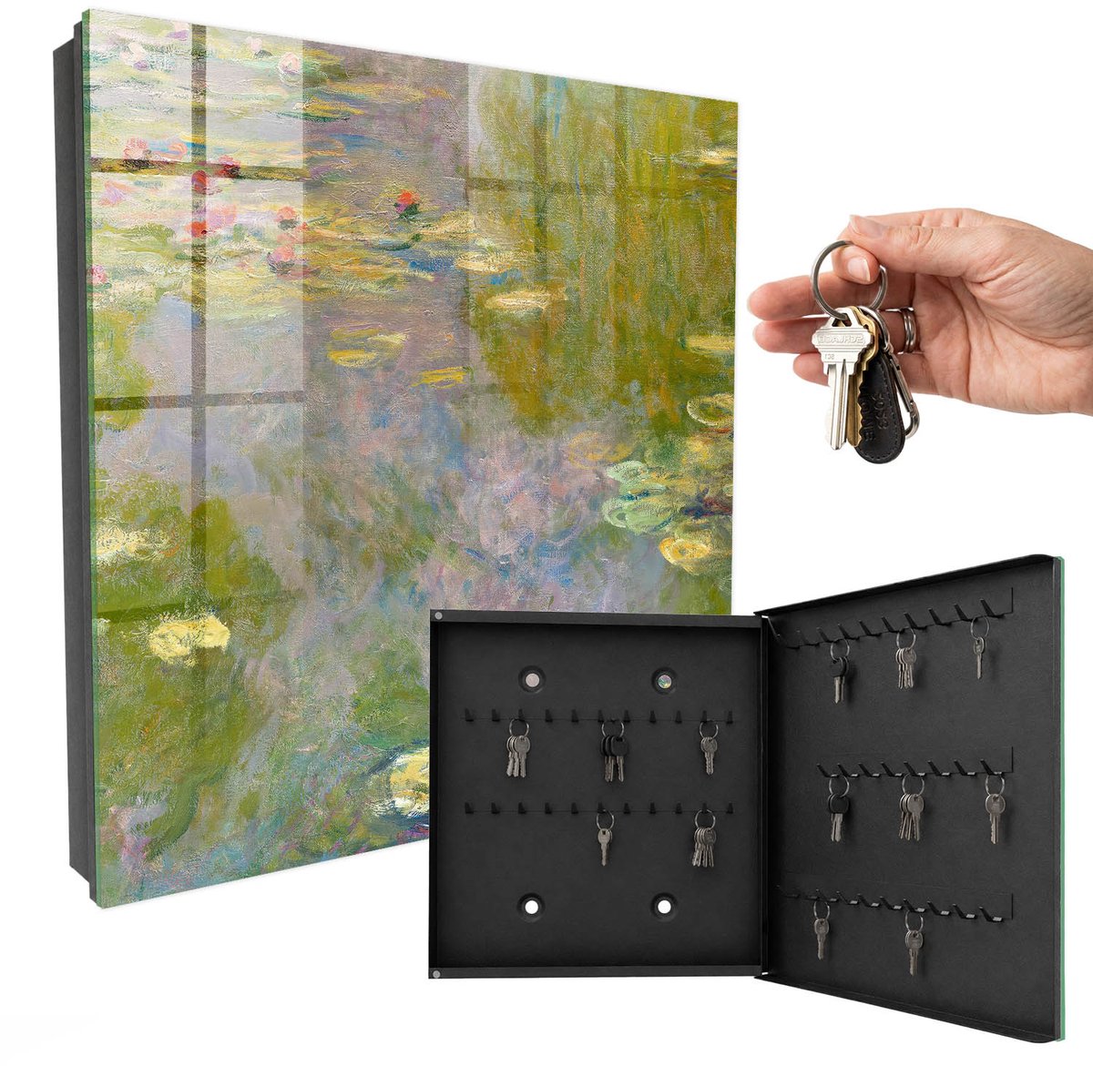 WallMuralia - Sleutelkast - 30x30x5 cm - met 50 haken - Claude Monet Waterlelies Sleutelkastje Industrieel - Groente Sleutelbox - Rechtsopenend - Zwart interieur