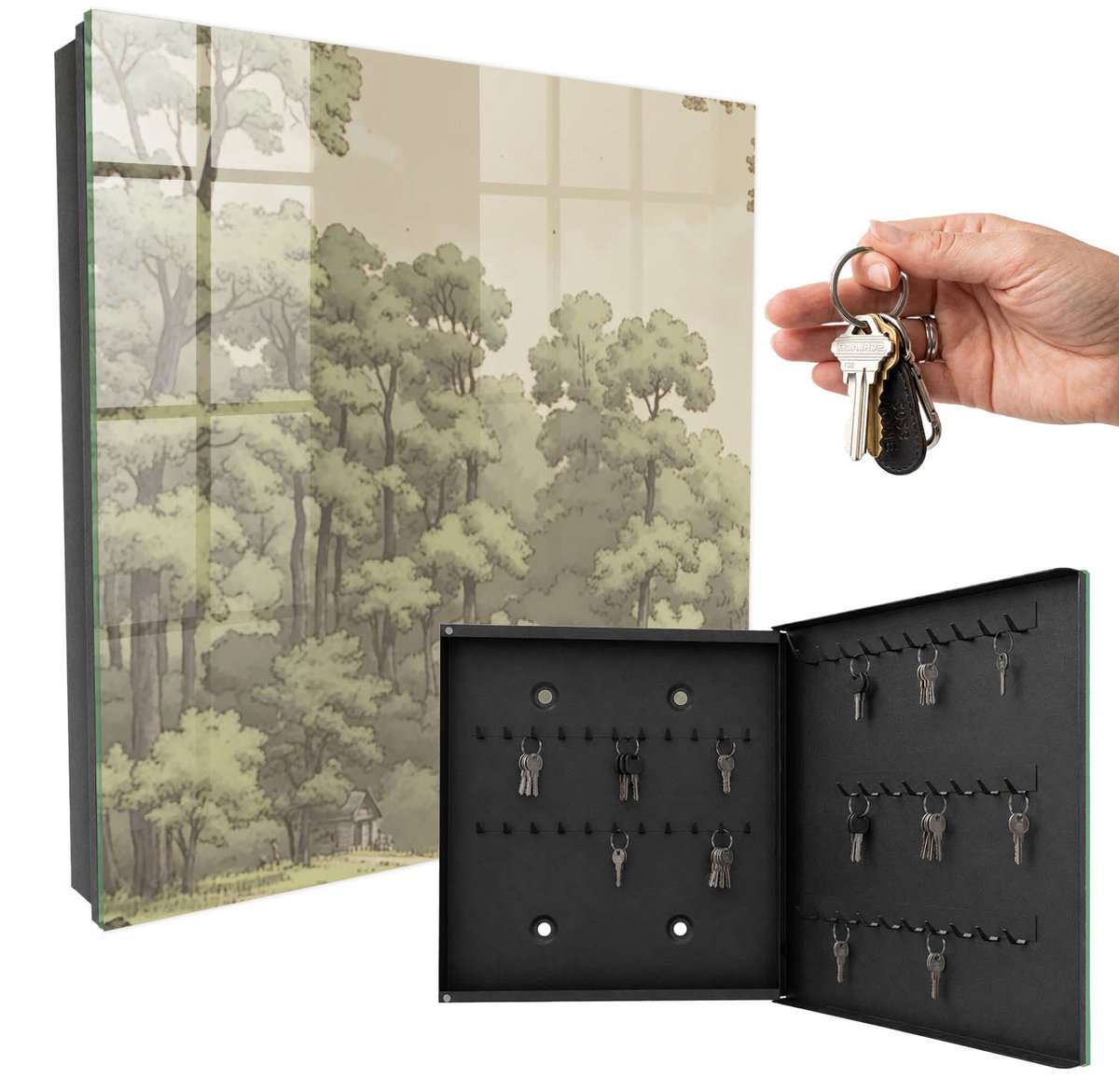 WallMuralia - Sleutelkast - 30x30x5 cm - met 50 haken - Groen Bos Sleutelkastje Industrieel - Groente Sleutelbox - Rechtsopenend - Zwart interieur