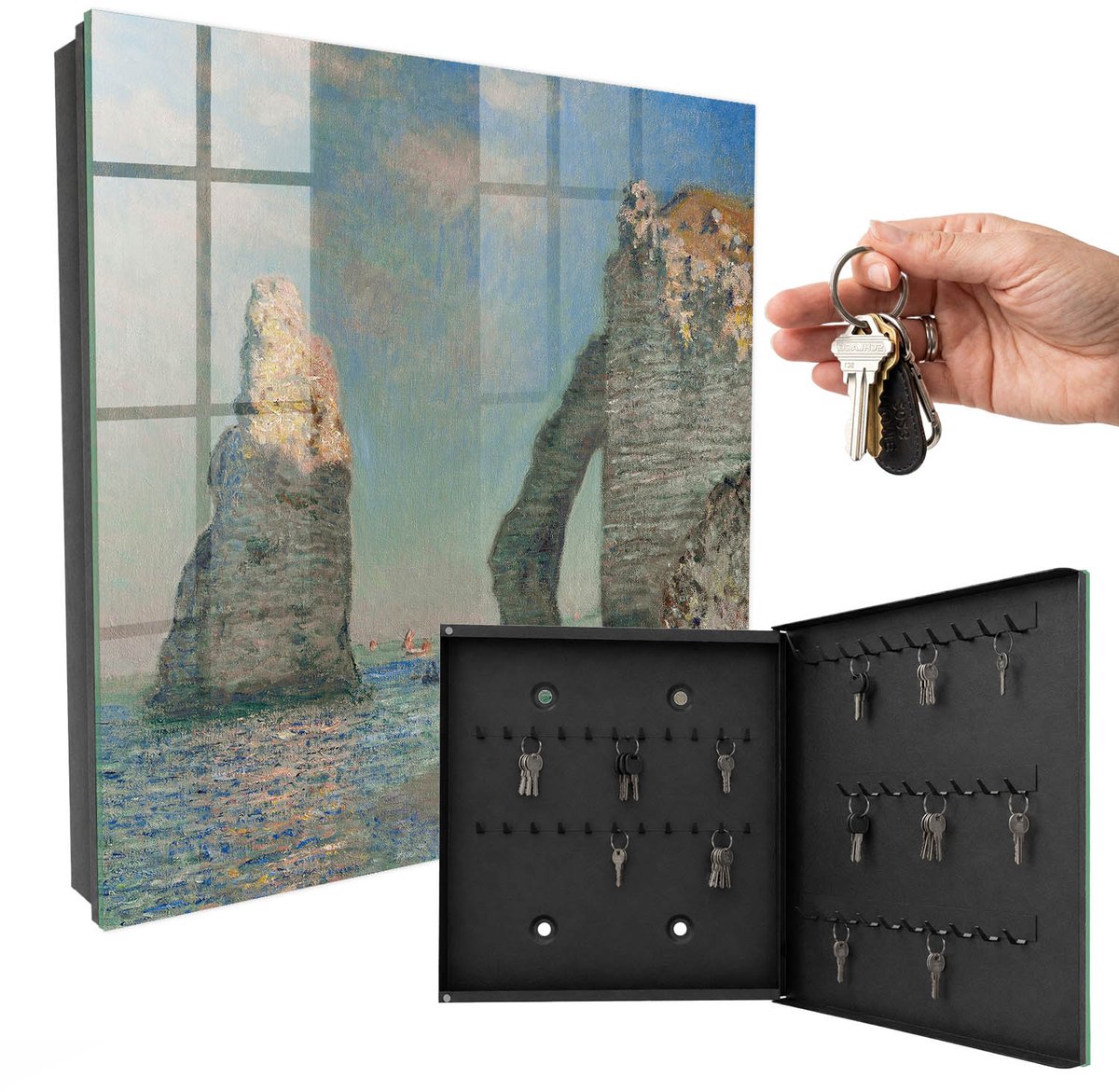 WallMuralia - Sleutelkast - 30x30x5 cm - met 50 haken - Zeekliffen Sleutelkastje Huis - Blauw Sleutelbox - Rechtsopenend - Zwart interieur