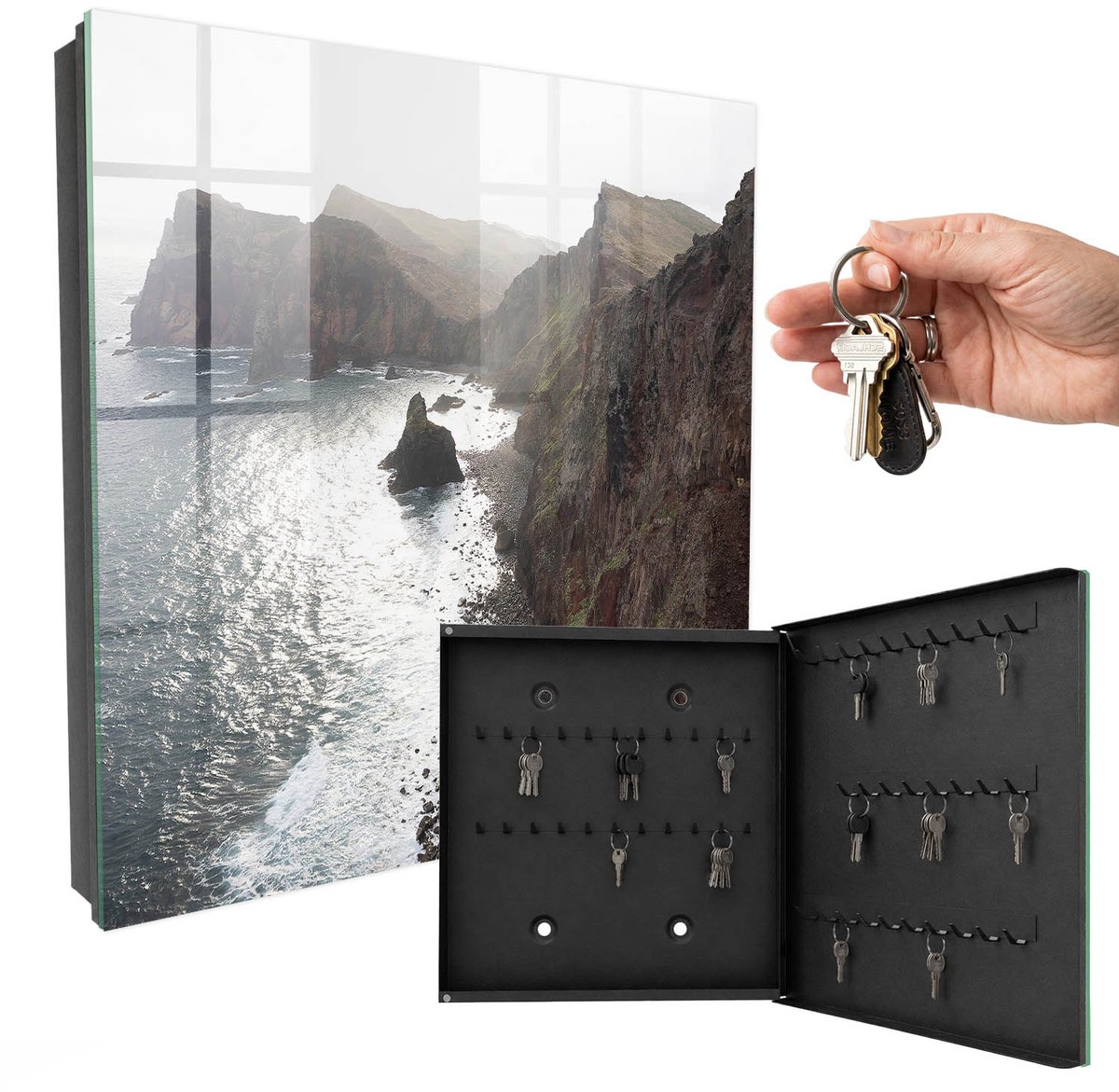 WallMuralia - Sleutelkast - 30x30x5 cm - met 50 haken - Oceaankliffen Sleutelkastje Modern - Bruin Sleutelbox - Rechtsopenend - Zwart interieur