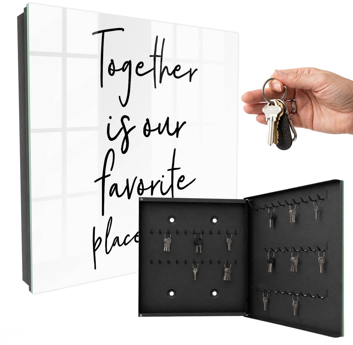WallMuralia - Sleutelkast - 30x30x5 cm - met 50 haken - Samen Zijn Is Onze Favoriete Plek. Groot Sleutelkastje - Zwart-Wit Sleutelbox - Rechtsopenend - Zwart interieur