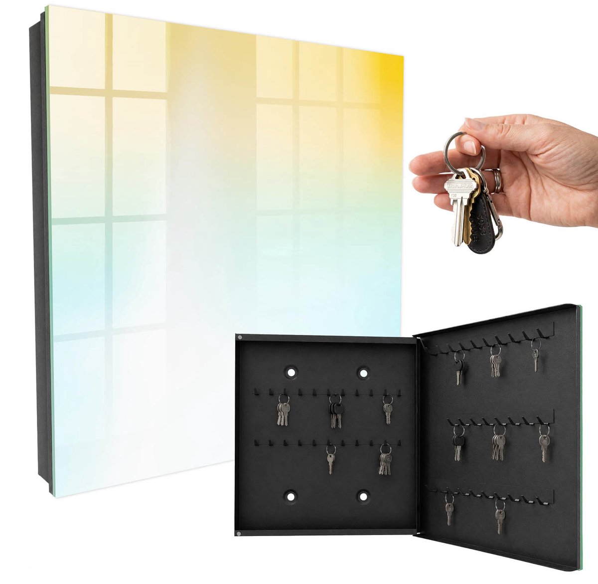 WallMuralia - Sleutelkast - 30x30x5 cm - met 50 haken - Zachte Kleuren Sleutelkastje Industrieel - Geel Sleutelbox - Rechtsopenend - Zwart interieur